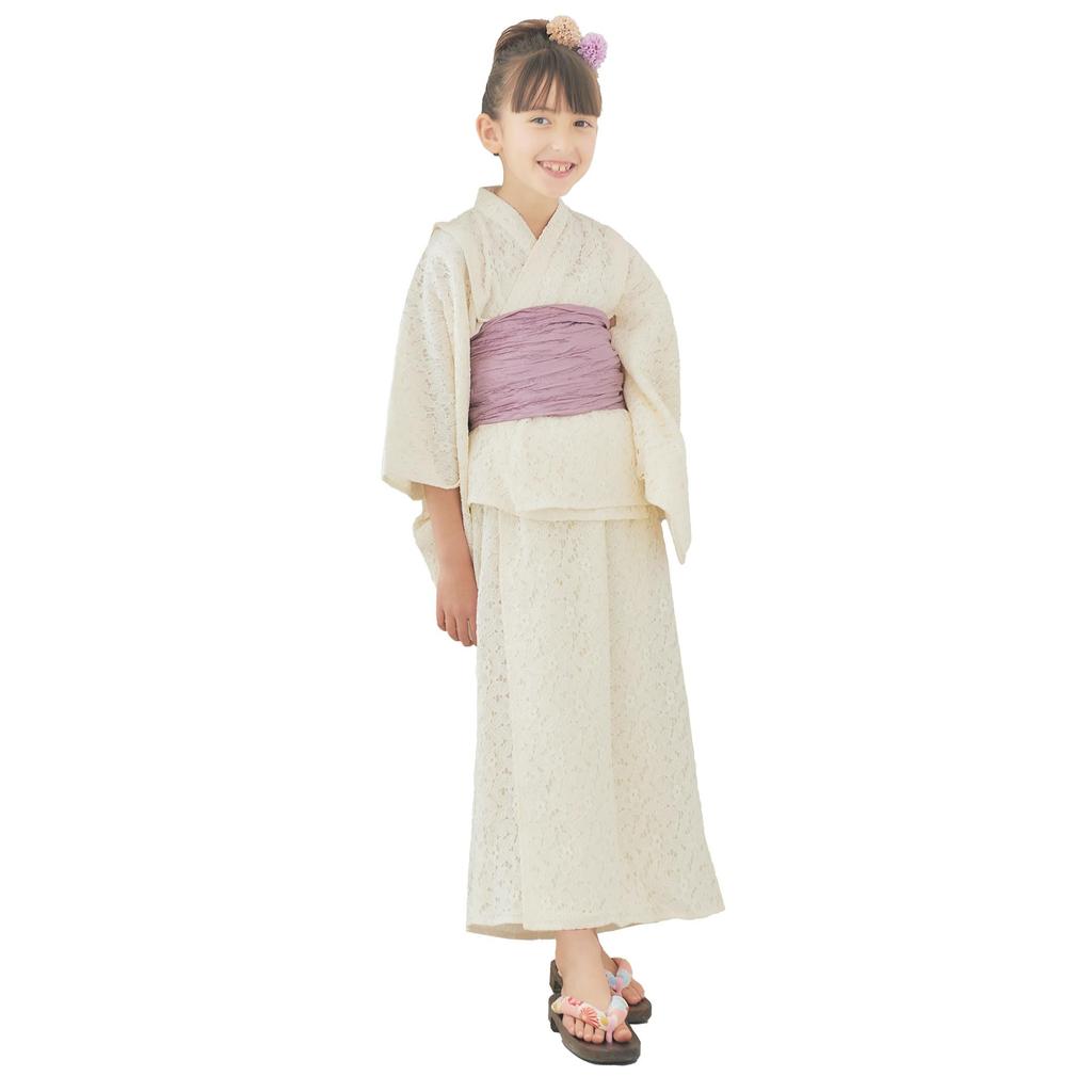 NISHIORI Lace Yukata Set with Separate Sundress and Soft Obi Kids' 2-Way (White, 150cm)