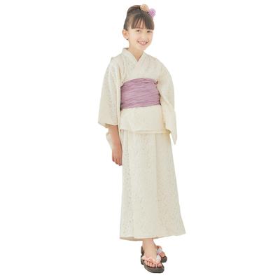 NISHIORI Lace Yukata Set with Separate Sundress and Soft Obi Kids' 2-Way (White, 150cm)