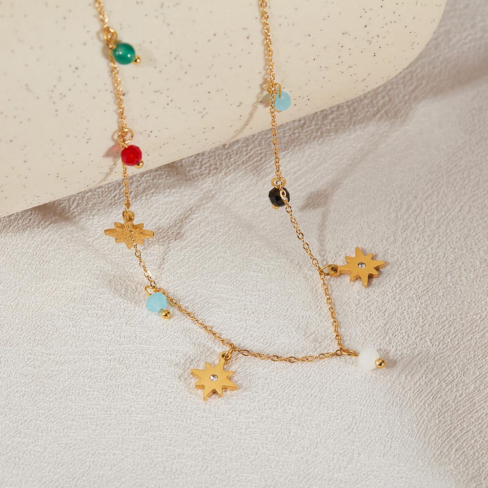 Necklace for Star Stainless Colorful with Christmas [Deelfel] Women, Charm, Gold, Steel, Beads, Zirconia, Adjustable, Gift, Birthday,
