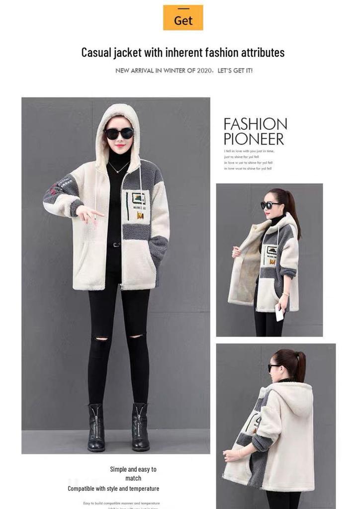 Korean Style Plus Size Mid-Length Lambswool Hoodie for Women - Slimming, Versatile, Thickened, and Cozy.