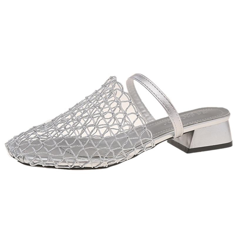 Innere Höhenerhöhung Mesh-Oberfläche atmungsaktiv hohl gewebtes Fischernetz Schrägabsatz Wort mit Beutel Kopf Halbschuhe Damenbekleidung Mules