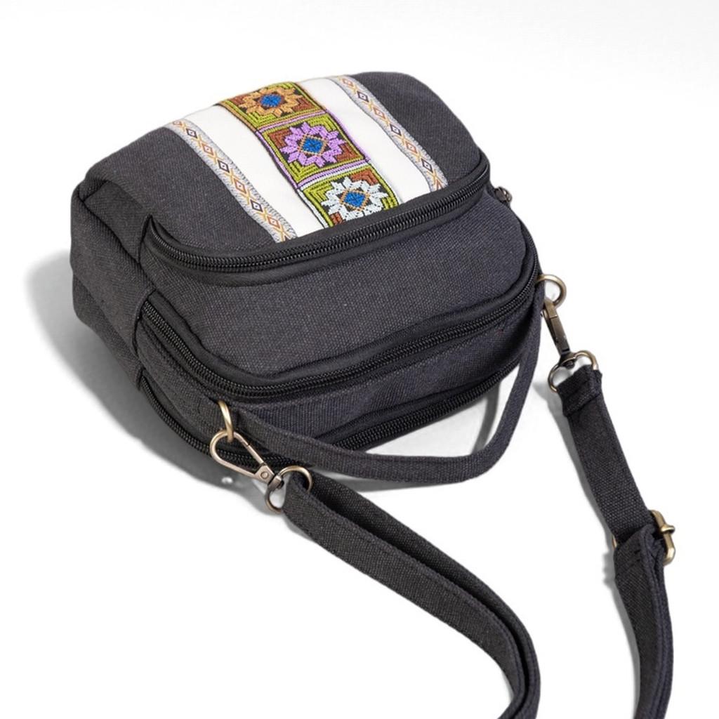 Ethnic Embroidery Canvas Crossbody Bag For Daily Use With Zipper Closure And Multiple Pockets