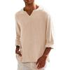 Mens Linen Cotton V-Neck Shirt - Breathable Comfortable Solid Color Long Sleeve Casual Loose Fit Hawaiian Style Blouse