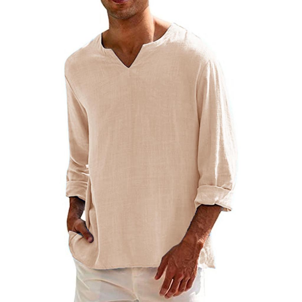 Mens Linen Cotton V-Neck Shirt - Breathable Comfortable Solid Color Long Sleeve Casual Loose Fit Hawaiian Style Blouse