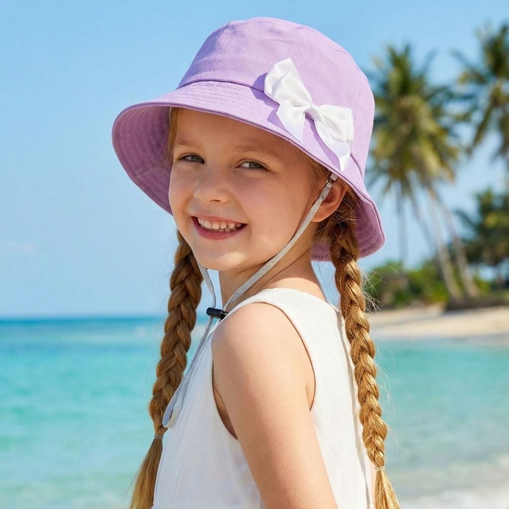 Cute Bowknot Girls Bucket Hat Adjustable Windproof Strap Kids Summer Beach Sun Hat for Girls 3-9 Years Old