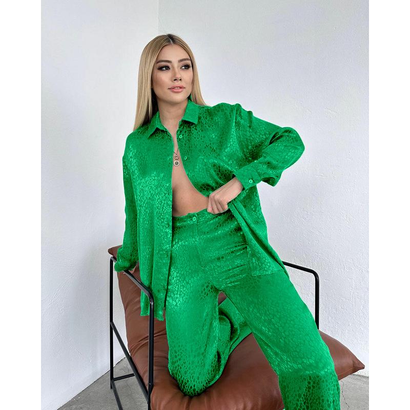 European and American Suit Women's Long-Sleeved Lapel Shirt Leopard Print Trousers Women's Fashion Casual Two-Piece Suit