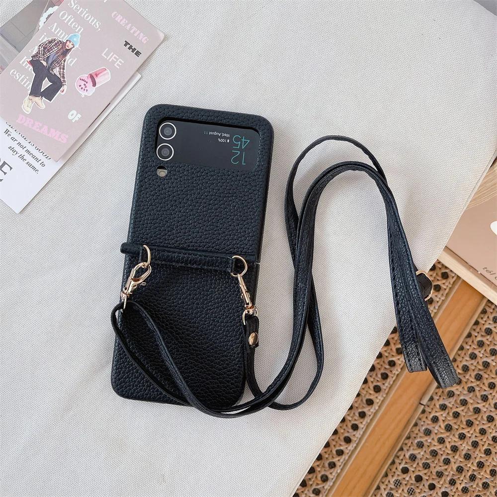 Crossbody PU Leather Phone Case for Samsung Galaxy Z Flip 6 5 4 3 Flip6 Flip5 Flip4 Flip3 5G Protective Shockproof Cover