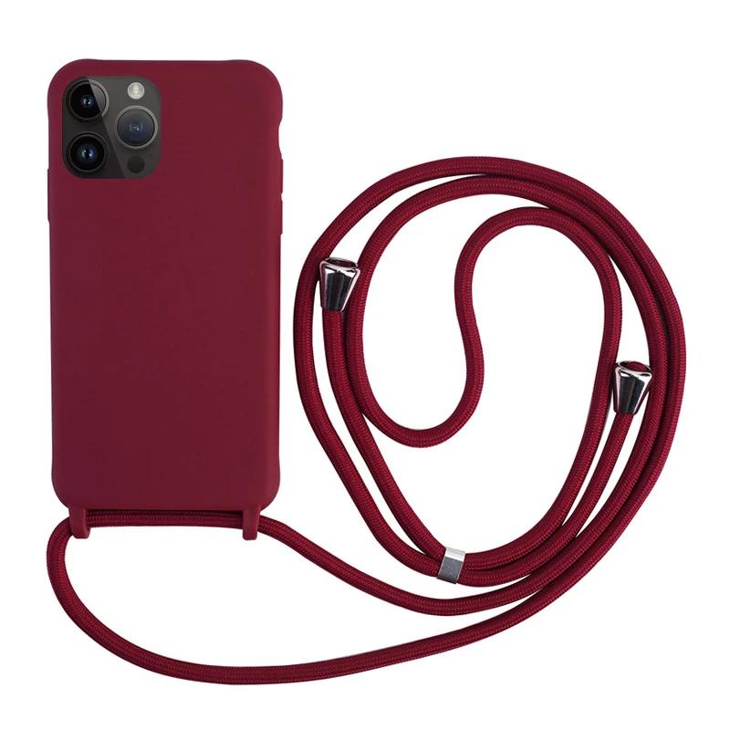 Cordon de Collier Tour de Cou Cordon Étui de Téléphone Pour iPhone 15 14 Plus 13 12 Mini 11 Pro XS Max XR X 7 8 Silicone TPU Souple Coque Arrière iphone 15plus rouge vin