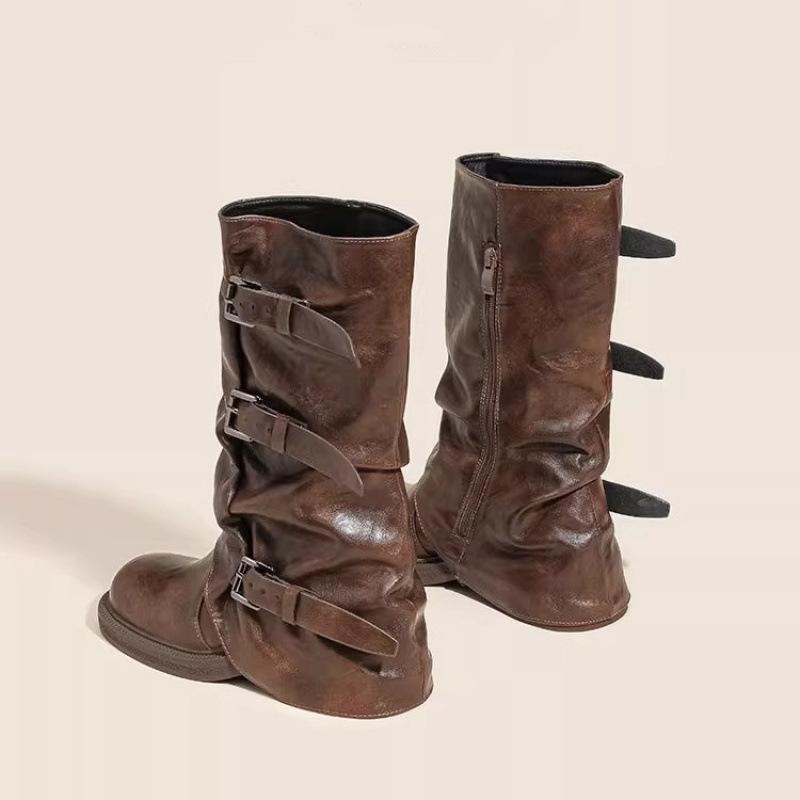 2025 Autumn and Winter New Retro Belt Buckle Western Cow Boots Wrinkled Boots Thick Heel Trouser Tube Boots Knight Boots Spice Girl Boots