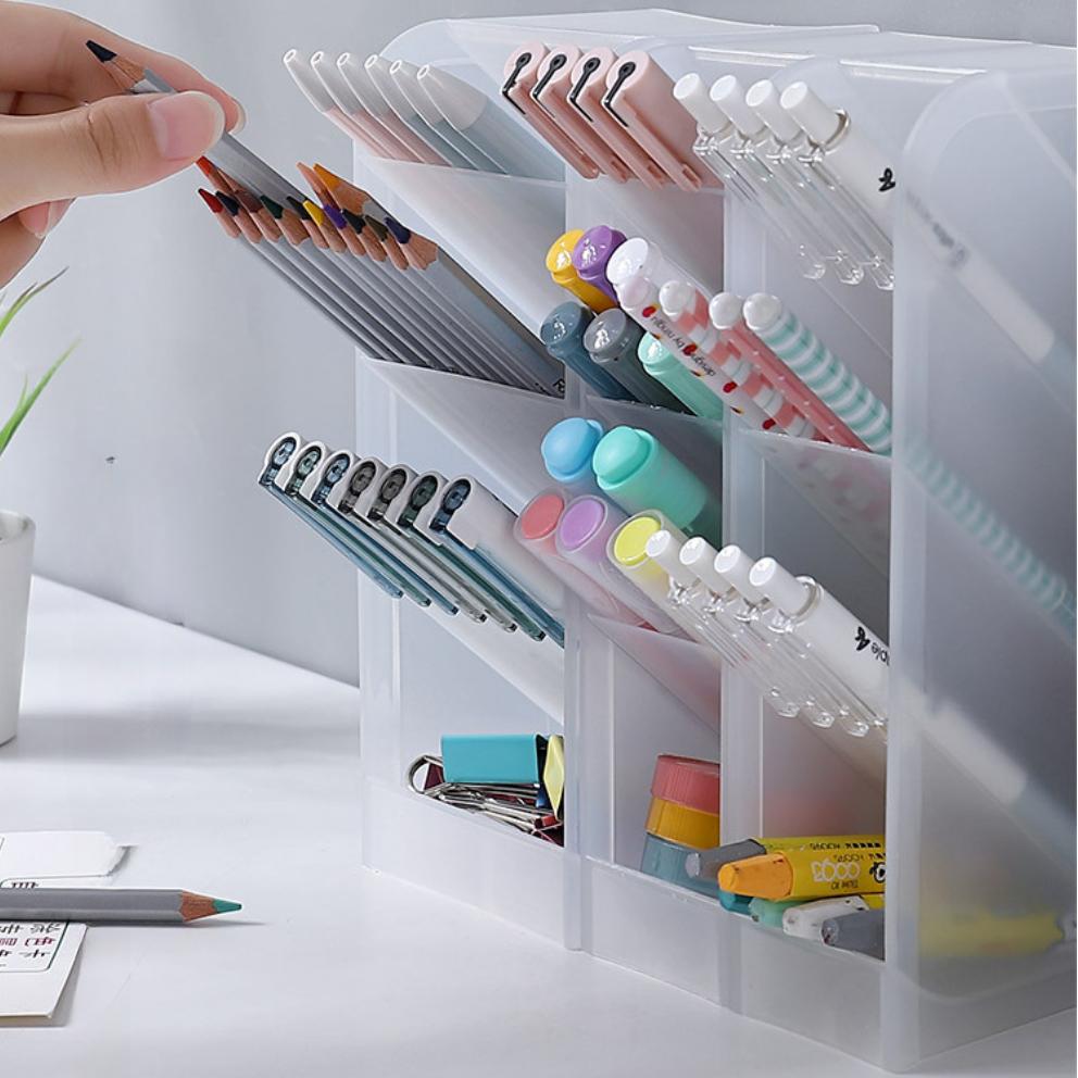 Desktop Clear Frosted Pennhållare Sned Brush Läppstift Organizer Multifunktionell brevpapper Organizer