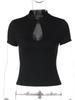 American Fashion Stand Collar Button Hollow Out T-shirt for Women 2026 Sexy Short Sleeve Slim Cropped T Shirts Black Wine Red Tops