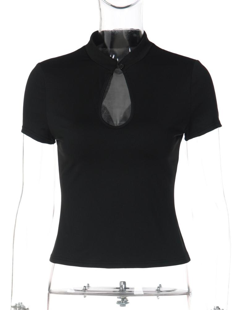 American Fashion Stand Collar Button Hollow Out T-shirt for Women 2026 Sexy Short Sleeve Slim Cropped T Shirts Black Wine Red Tops