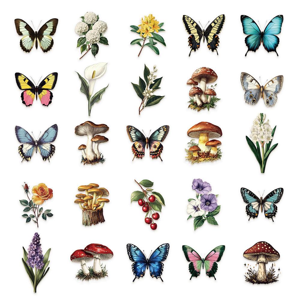 

50-Piece Vintage Mushroom Plant Butterfly Stickers - Hand Account Supplies & Notebook Decor, Personalized INS-Style PET Decals