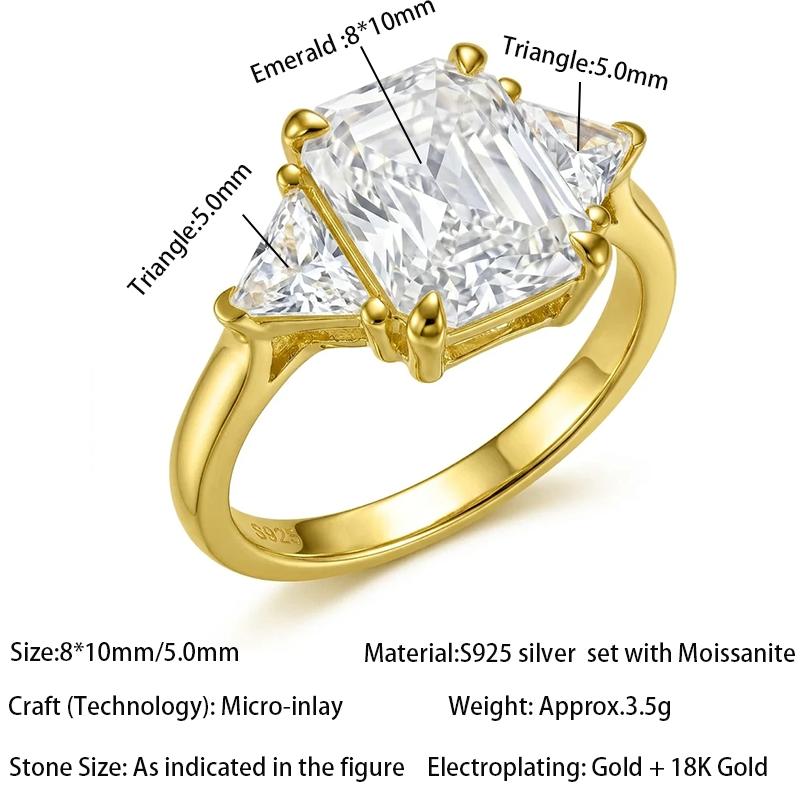18K Gold Plated S925 Silver Emerald Cut Three Stone Moissanite Ring Triangle Side Stone Band Engagement Wedding Ring for Women