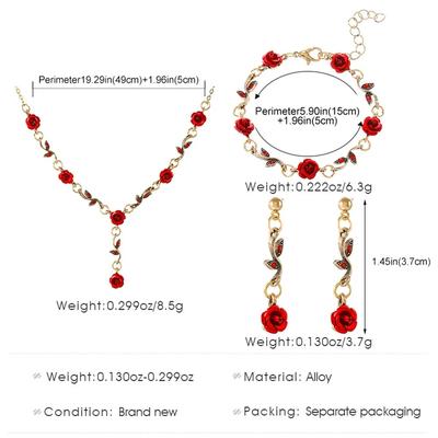 Vintage Red Rose Flower Necklace Bracelet Earring Jewelry Set for Women Tassel Earring Clavicle Chain Wedding Engagement Jewelry