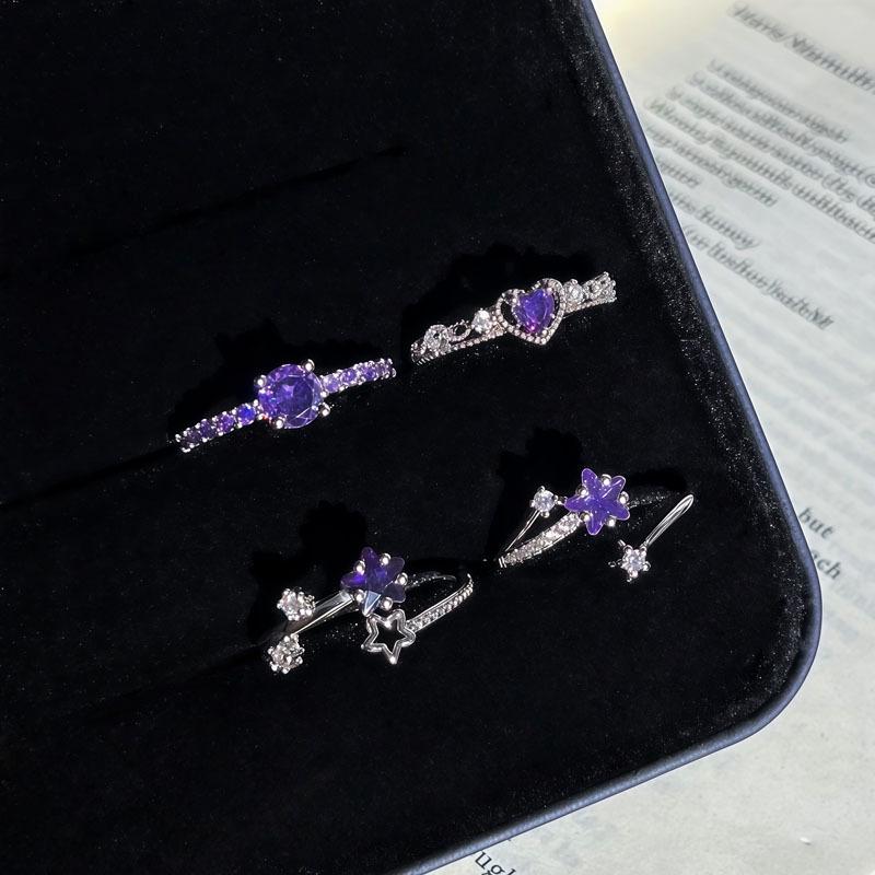Star Heart Purple Diamond Open Ring - Cold Aesthetic Korean Style for Women, Gentle Skin-Brightening, Simple Stacking, Best Friend Jewelry