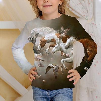 Pferdeprint 3D Teenager Mädchen Kleidung Von 8 Bis 10 Jahren Kinder Einteiliges T-Shirt Langarm Junge Kinder Kleidung Polyester Oberteile 2023