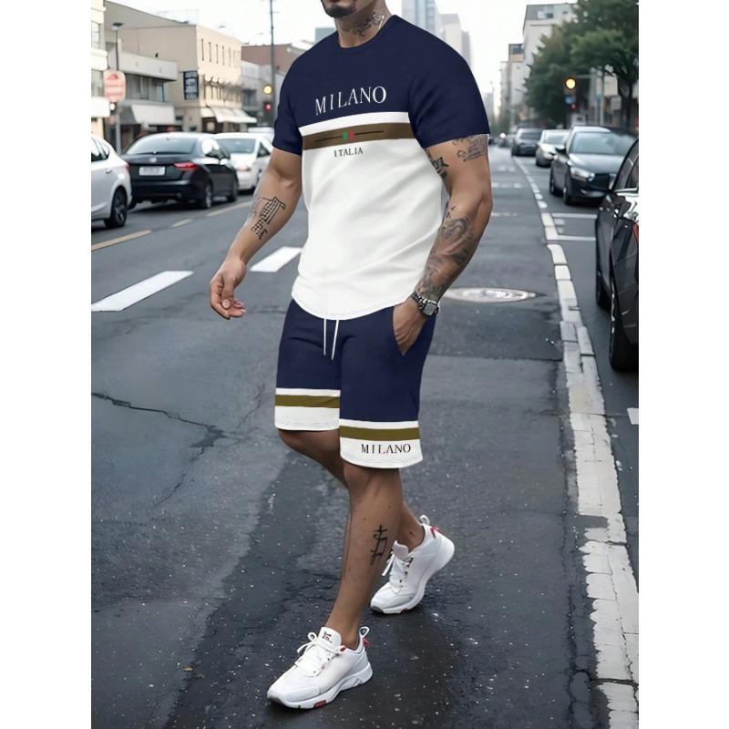 Summer Men's Stripe Letter Print Short Sleeve Top Shorts 2 Pieces Set Oversized Loose Round Neck T-shirt Man Drawstring Shorts