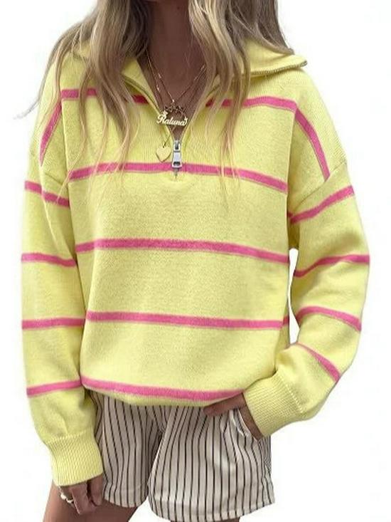 2026 Fall/Winter Women's Striped Zipper Sweater - Loose European and American Fashion Knit Pullover