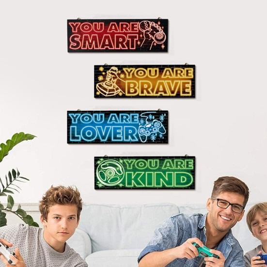 1/4Pcs Neon Light Effect Wall Decoration Wooden Game Theme Wall Art Sign Home Bedroom Gaming Room Cyberpunk Hanging Ornament