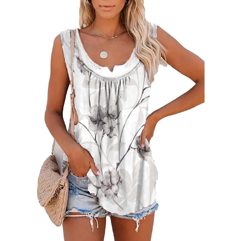 2022 Sommar Oversize Lös Modetryck Storstorlek Dam T-shirt O-ringad Ärmlös väst Dam Shirring Plisserad T-shirt Toppar