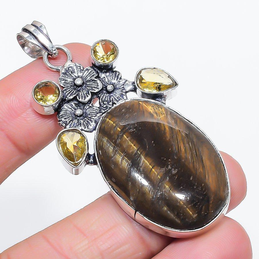 Natural Tiger Eye, Citrine 925 Sterling Silver Jewelry Pendant 2.56" I8O02