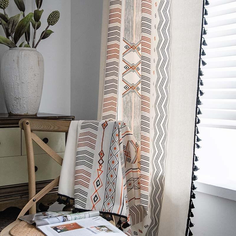 Tribal Style Bohemian Cream Cotton Linen Printing Sunshade Free Perforated Living Room Bedroom Kitchen Window Curtain Cloth