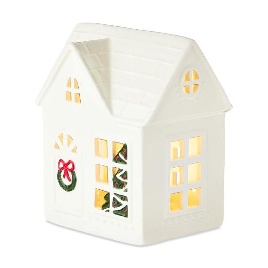 Christmas Village House Figurine LED Lighted White Small House Tabletop Decoration Winter Rustic Farmhouse Holiday Decor for Mantel Tabletop Room