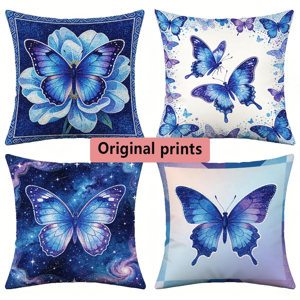 Blue Butterfly Print Square Throw Pillow Cases Pattern Cushion Cover Suitable For Sofa Bedroom Car Pillow Cover