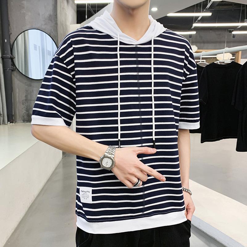 

IELGY Рубашка с половиной рукавов Полосатая футболка с короткими рукавами с капюшоном Повседневная модная контрастная цветная свободная тканевая нашивка мужская XL синий/чёрный