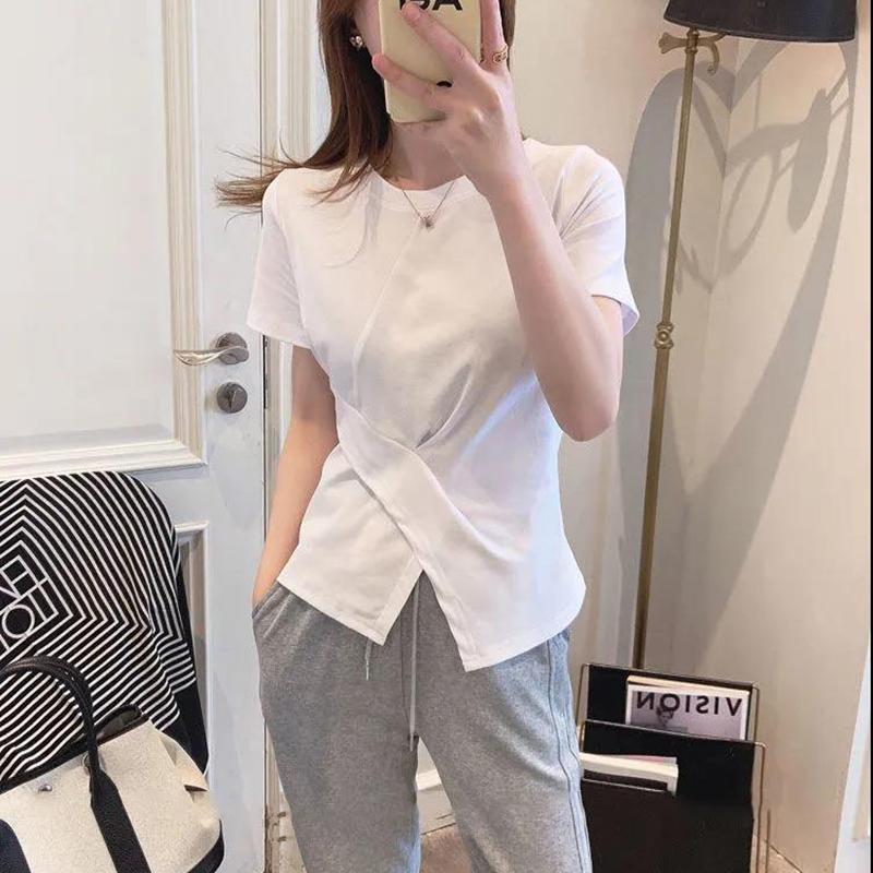 Spring and Summer Women's Cotton Irregular Split Short-sleeved T-shirt Women's Plus Size Top