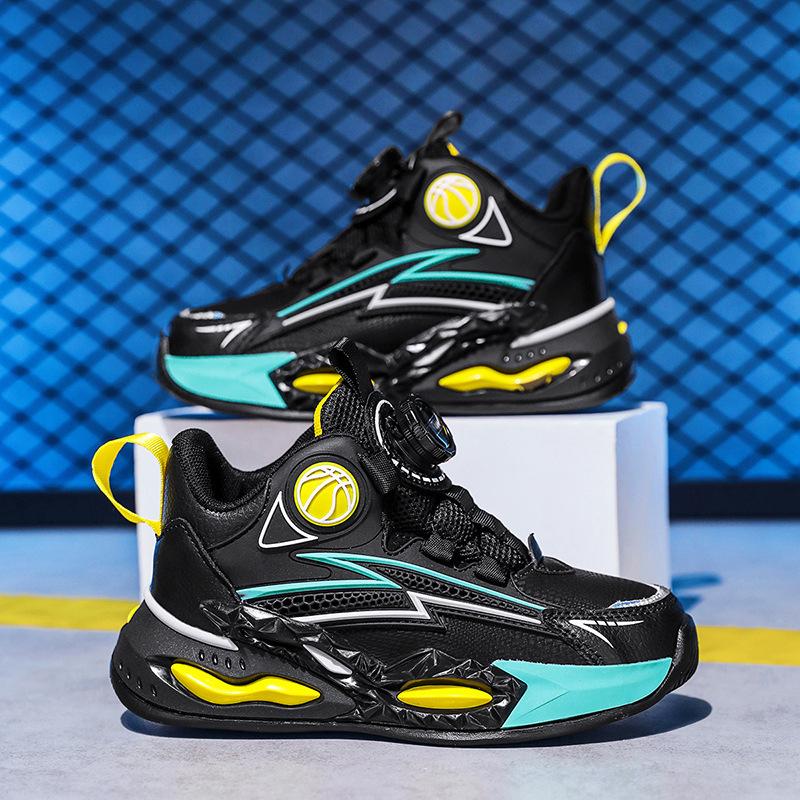 2025 Children's Basketball Shoes, Boys' Leather Waterproof and Non-slip Medium and Older Children's Soft-soled Sports Shoes, Rotating Button Shoes