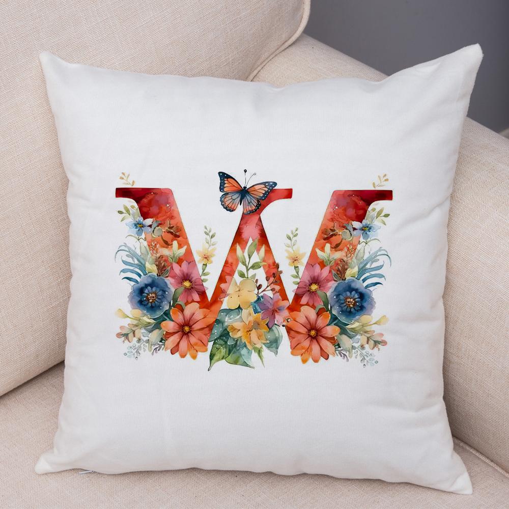 Floral Letter J Pillowcase Double Print Watercolor Letter U Cushion Cover Soft Plush Flower Letter D Pillowcase for Sofa Home