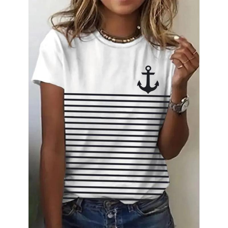Women's 3D Printed T-Shirt Colorful Striped Boat Anchor Pattern Print Short Sleeve O-Neck Pullover Casual Top