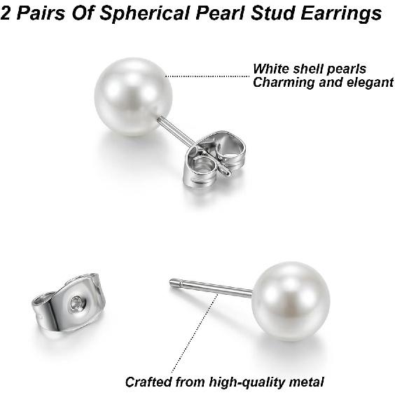 12 Pairs Imitation Pearl Stud Earrings, Big Pearl Earrings Se | Round Ball Pearl Earrings Set for Women, White Pearls Silver Post