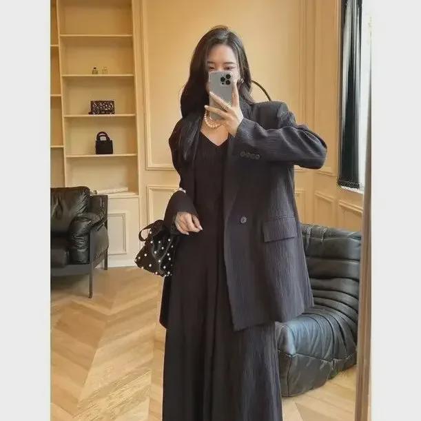 Costum de două piese pentru femei, mărime mare: Fustă lungă cu bretele și sacou pentru primăvară/toamnă