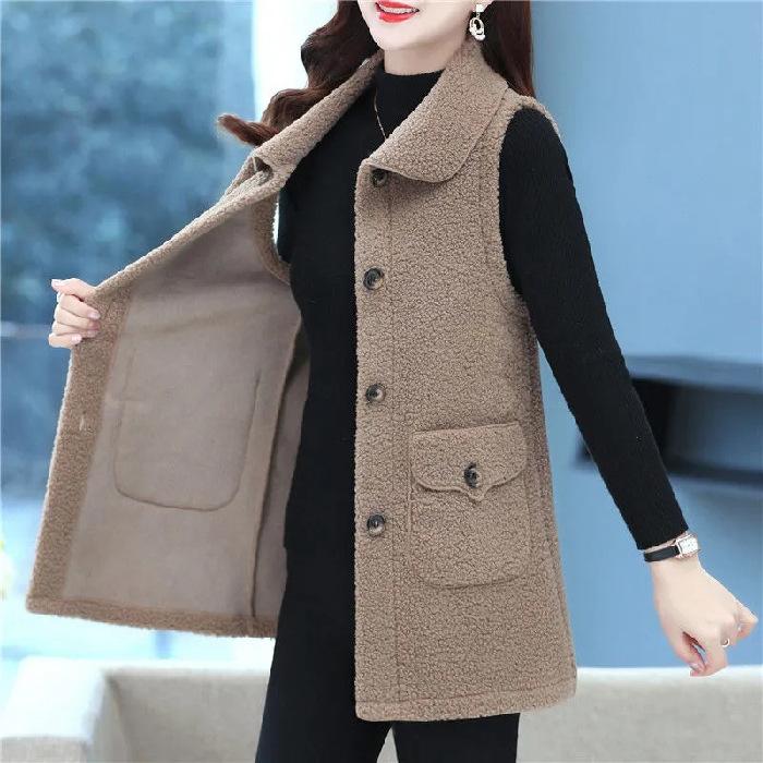 Women's Fall Sleeveless Vest Jacket, Mid-Aged and Elderly Sweatshirt, Solid-Color Pocketed Collared Vest for Middle-Aged Moms
