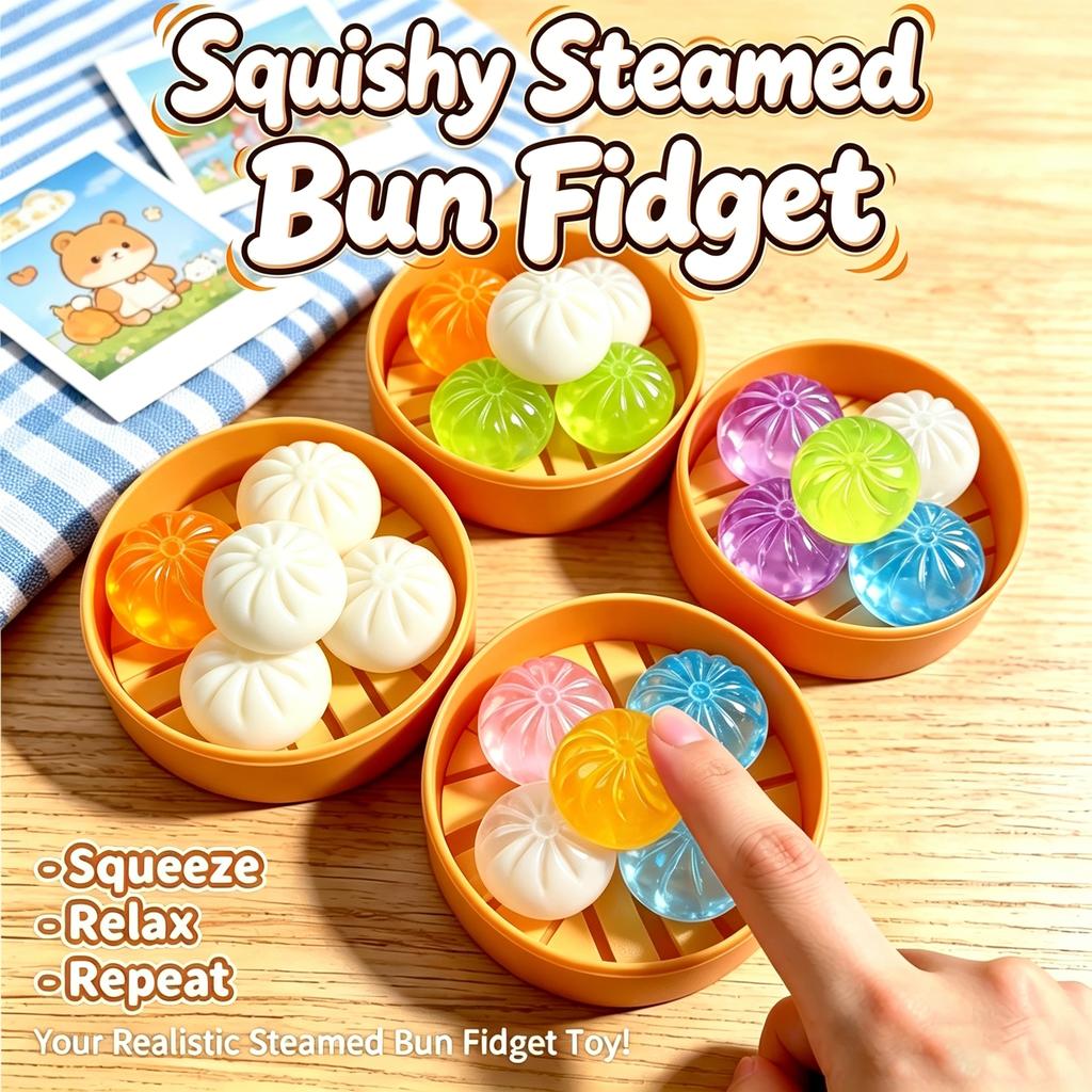 5Pcs Mini Dumplings with Steamer Bun Squeezable Toys Set Soft Stress Relief Crystal Squishy Fidget Sensory Toy Party Favors Gift