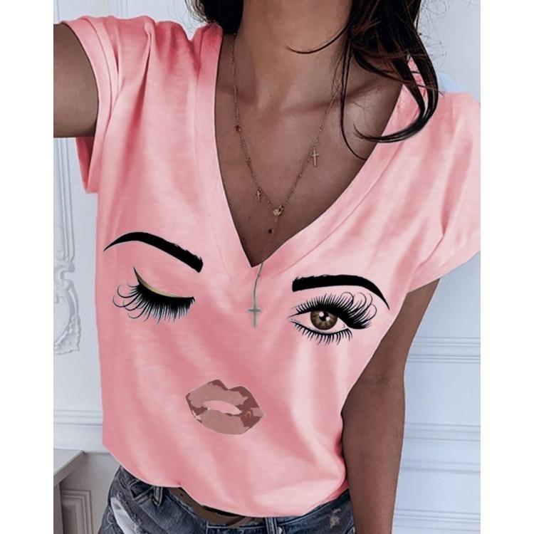 Women Causal Short Sleeve Eye Lip Print Graphic Tee Shirts Plus Size V Neck Plus Size Tshirts Tops Fashion Cute Funny Blouse Shirts