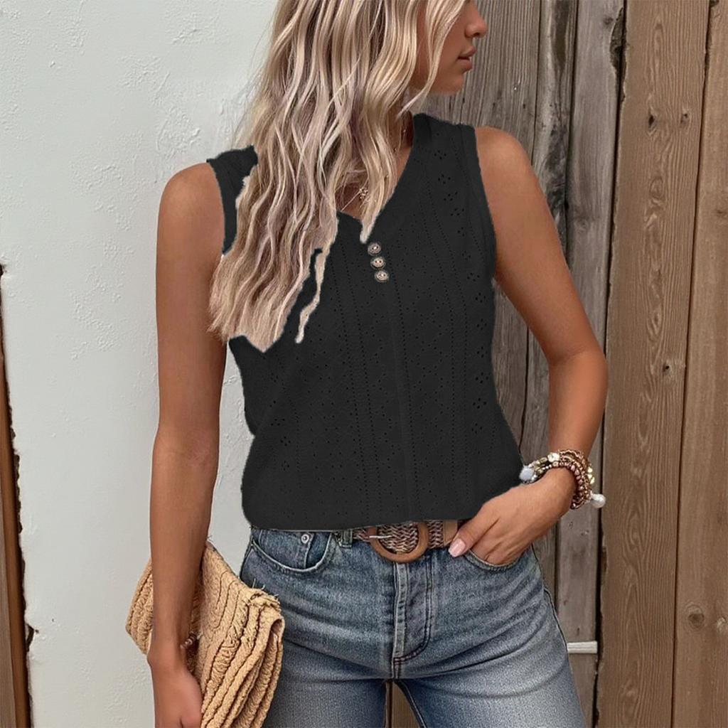 Women's Solid Color Summer Casual V-Neck Buttoned Vest T-Shirt Tops