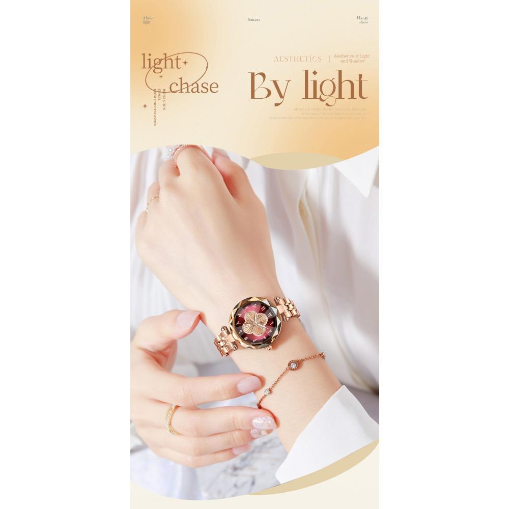 Orologio da Polso da Donna al Quarzo Quadrifoglio Vetro Sfaccettato Bracciale in Acciaio Inossidabile Orologio da Polso Moda Numeri Arabi Orologio Elegante