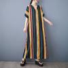 Summer Thin Cotton Linen Print V-neck Loose Oversized Simple Casual Vacation Style Medium Long Dress for Women Dresses