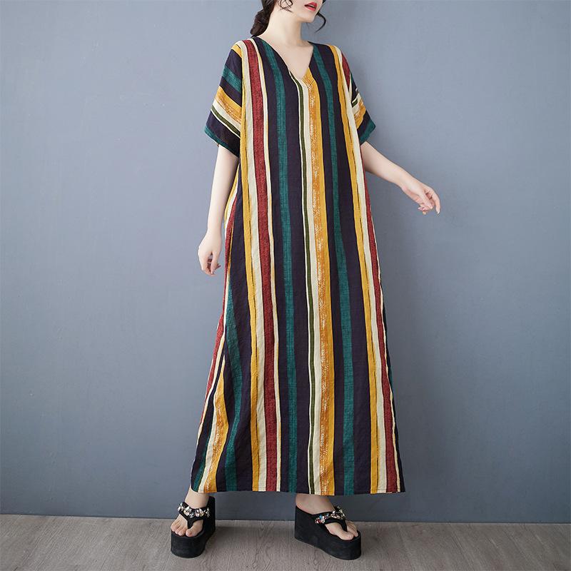 Summer Thin Cotton Linen Print V-neck Loose Oversized Simple Casual Vacation Style Medium Long Dress for Women Dresses