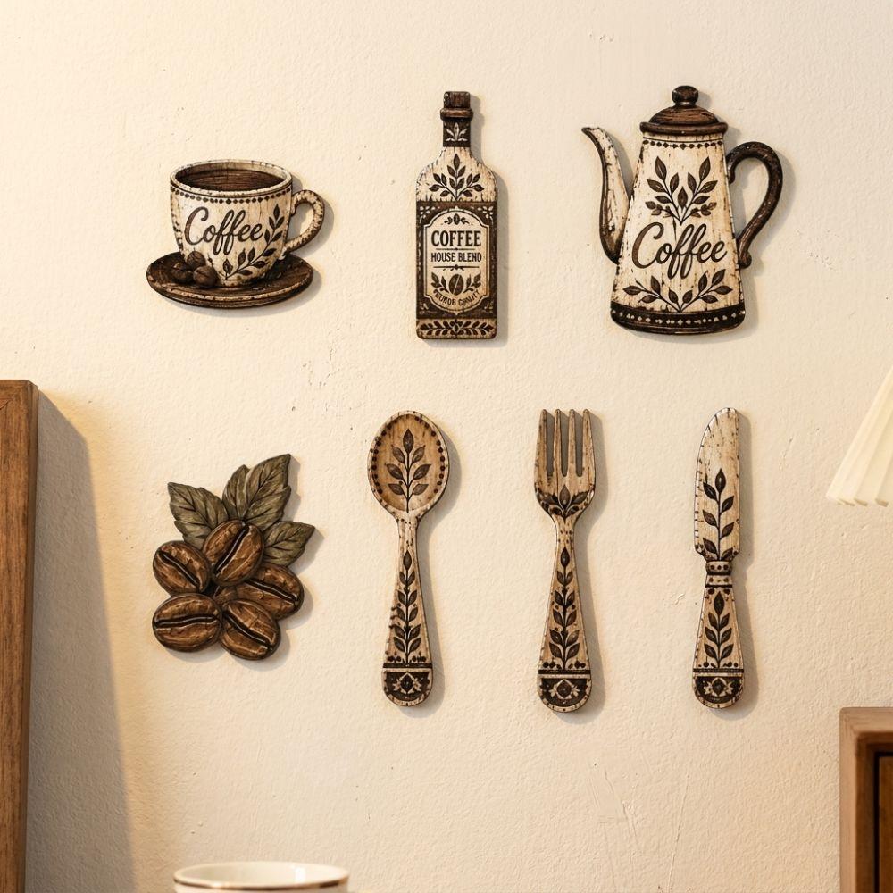 7Pcs Rustic Distressed Coffee Utensil Wooden Ornament Coffee Wall Sticker Hangings  Restaurant