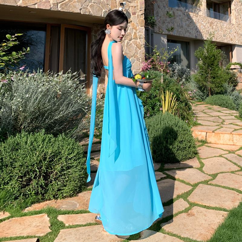 Muse Fan Seaside Vacation Dress Travel Photo Ruffle Edge Suspender Skirt Blue Streamer Backless Beach Dress