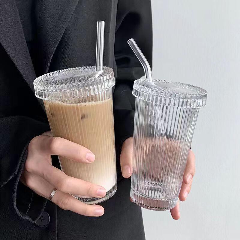 

Vertical Stripe Glass Cup Set with Lid & Straw