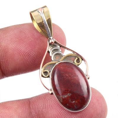 Natural Red Jasper Gemstone 925 Solid Sterling Silver TwoTone Pendant 1.50" n0D65