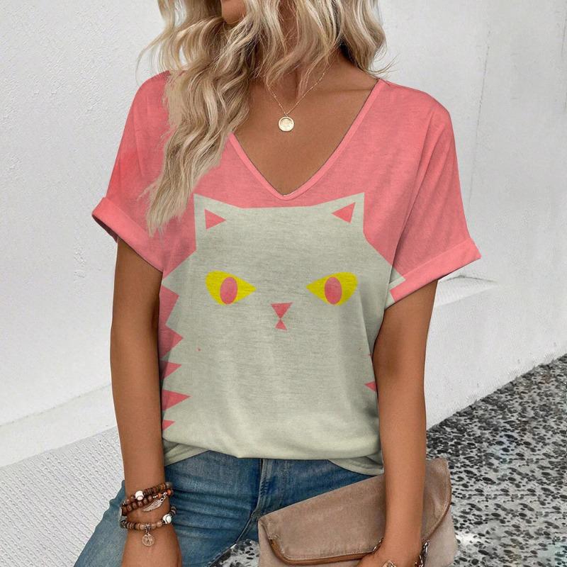 

Летняя простая модная футболка с V-образным вырезом, свободная повседневная футболка с коротким рукавом и принтом кота в 3D-формате, женская 5XL