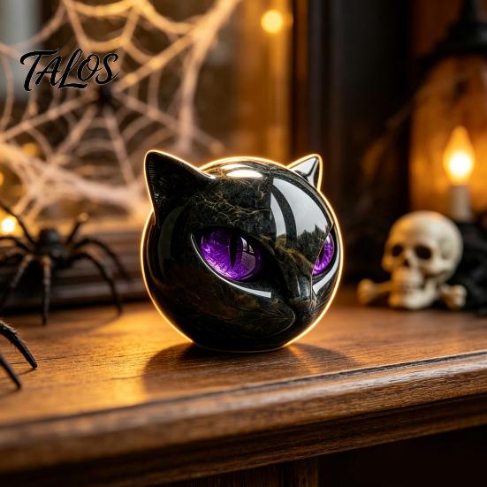Spooky Shelf Decoration Spherical Black Cat Head Ornament, Resin Gothic Style Sculpture with Colorful Collectible Art Eyes for Halloween Tabletop
