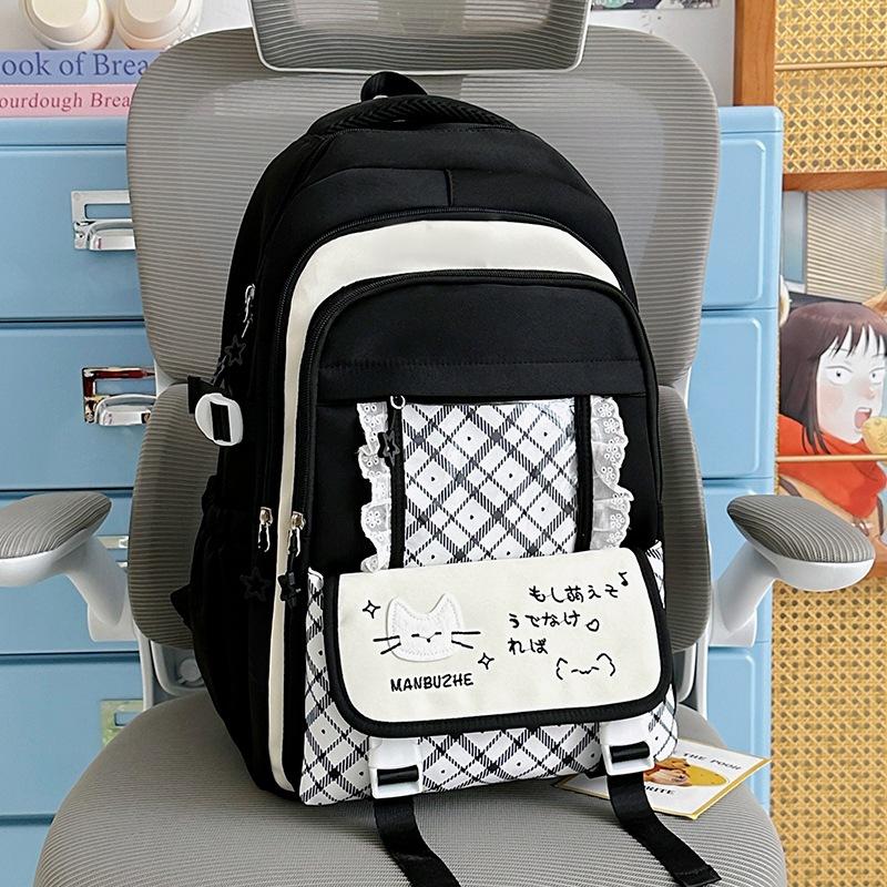 Schoolbag Japanese School Bag Female Cat Letter Plaid Large Capacity Backpack Sweet Versatile Junior High School Girls Light Backpack